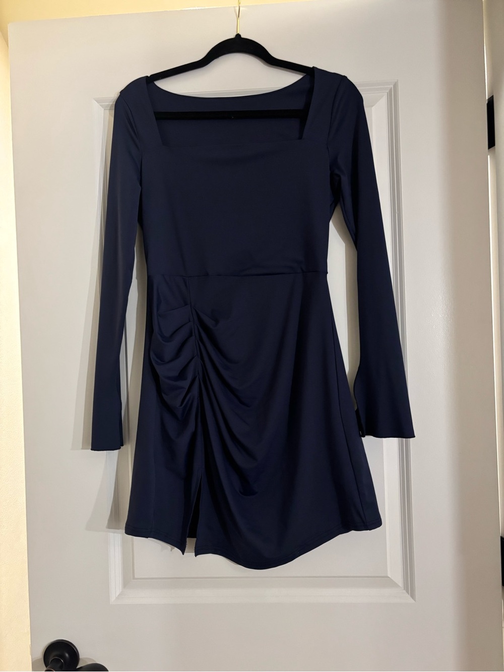 Navy Long-Sleeve Ruched Square-Neck Dress